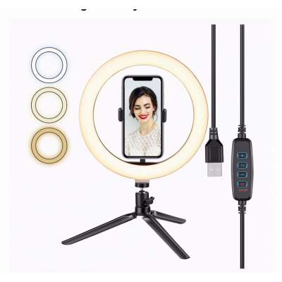 LED DESK TOPtripod  Selfie Ring Light: Small Tripod Stand Phone Holder Kit  /3- colors dimming modes /10 level brightness